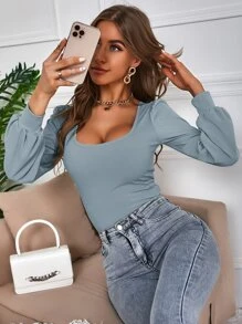 SHEIN Privé 素色方領T恤 - 霧霾藍 - 查看 3