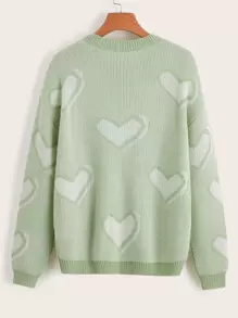 SHEIN Qutie 愛心圖案落肩袖套頭毛衣 - 薄荷綠 - 查看 2