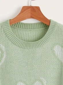 SHEIN Qutie 愛心圖案落肩袖套頭毛衣 - 薄荷綠 - 查看 4