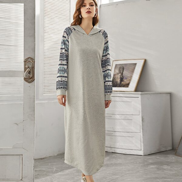 

Geo Panel Raglan Sleeve Hoodie Dress, Grey