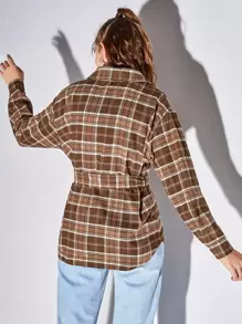 Plaid Print Belted Overshirt - Coffee Brown - View 2