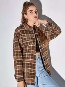 Plaid Print Belted Overshirt - Coffee Brown - View 3