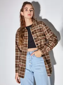 Plaid Print Belted Overshirt - Coffee Brown - View 4