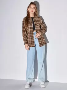 Plaid Print Belted Overshirt - Coffee Brown - View 5
