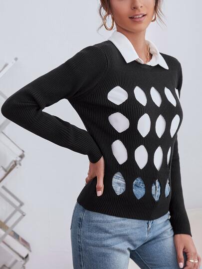 SHEIN LUNE Cutout Ribbed Knit Sweater Without Blouse