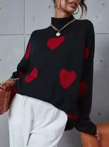 Chiquease Suéter de cuello alto con estampado de corazón y hombros caídos, suéter de corazón para mujer, tejido de punto, jersey de punto para otoño e invierno - Negro - Ver 3