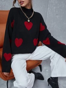 Chiquease Suéter de cuello alto con estampado de corazón y hombros caídos, suéter de corazón para mujer, tejido de punto, jersey de punto para otoño e invierno - Negro - Ver 5