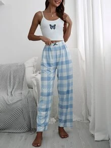 Butterfly Print Cami Top & Bow Front Plaid Trousers - Blue and White - View 1