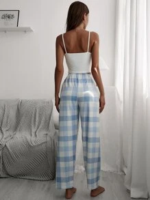 Butterfly Print Cami Top & Bow Front Plaid Trousers - Blue and White - View 2
