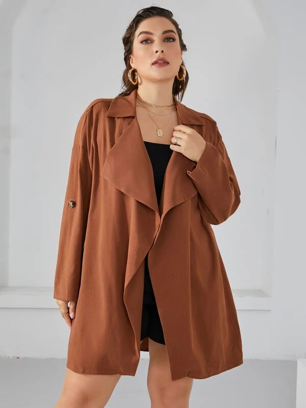 Grande Taille Femme Bouton Court Manches Retroussées Ouvert Cardigan Cascade Top Grande Taille Femme Bouton Court Manches Retroussées Ouvert Cardigan Cascade Top