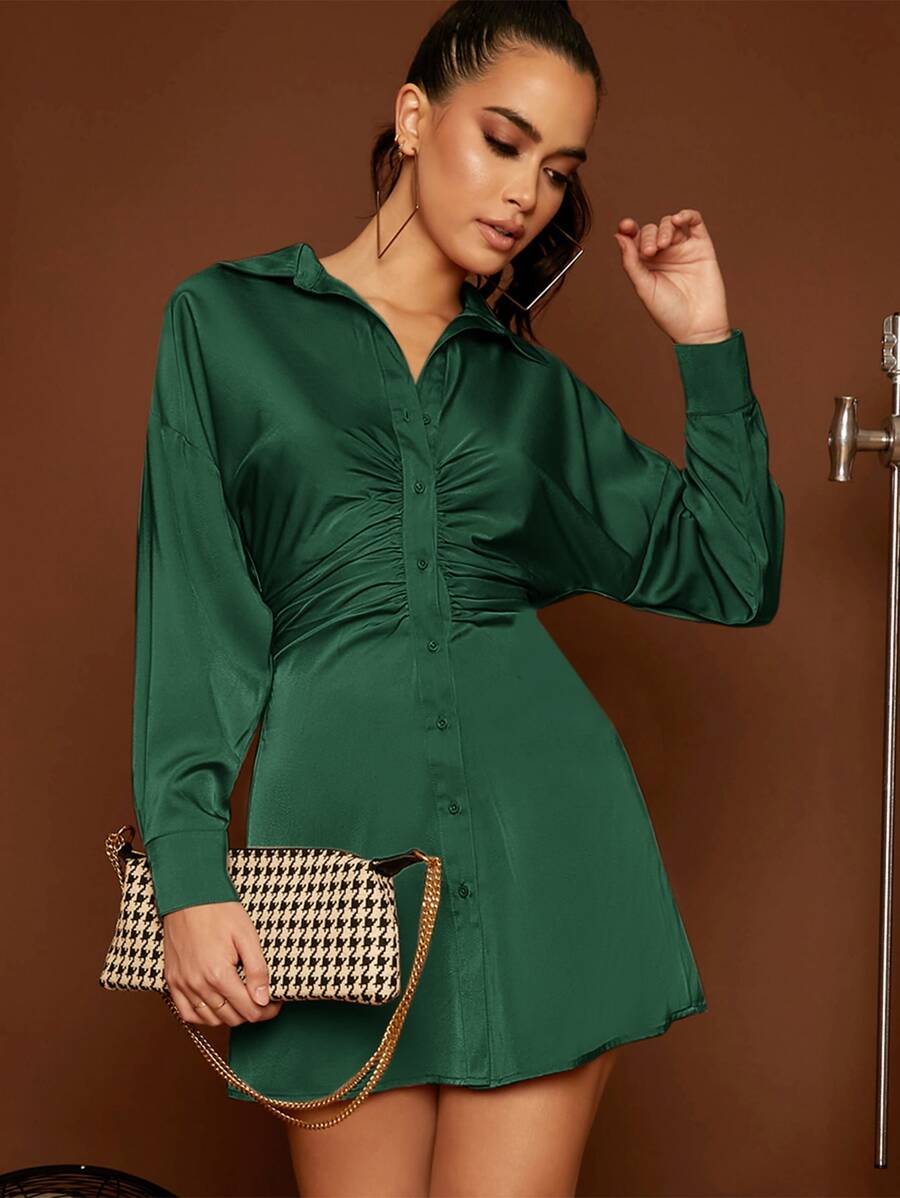 SHEIN Vestido estilo camisa con fruncido - Verde Oscuro - Ver 1