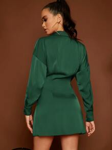 SHEIN Vestido estilo camisa con fruncido - Verde Oscuro - Ver 2