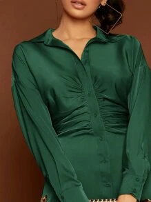 SHEIN Vestido estilo camisa con fruncido - Verde Oscuro - Ver 4