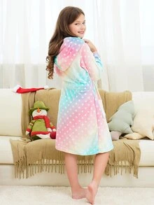 女孩波點圖案漸層連帽腰帶法蘭絨休閒服睡袍 - 彩色 - 查看 2