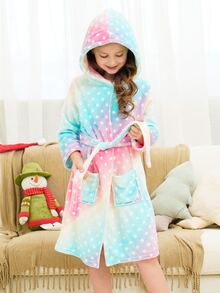 女孩波點圖案漸層連帽腰帶法蘭絨休閒服睡袍 - 彩色 - 查看 3