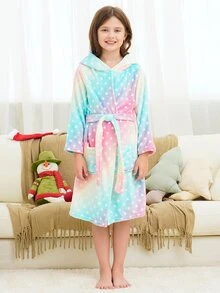 女孩波點圖案漸層連帽腰帶法蘭絨休閒服睡袍 - 彩色 - 查看 4