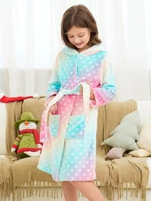 女孩波點圖案漸層連帽腰帶法蘭絨休閒服睡袍 - 彩色 - 查看 5