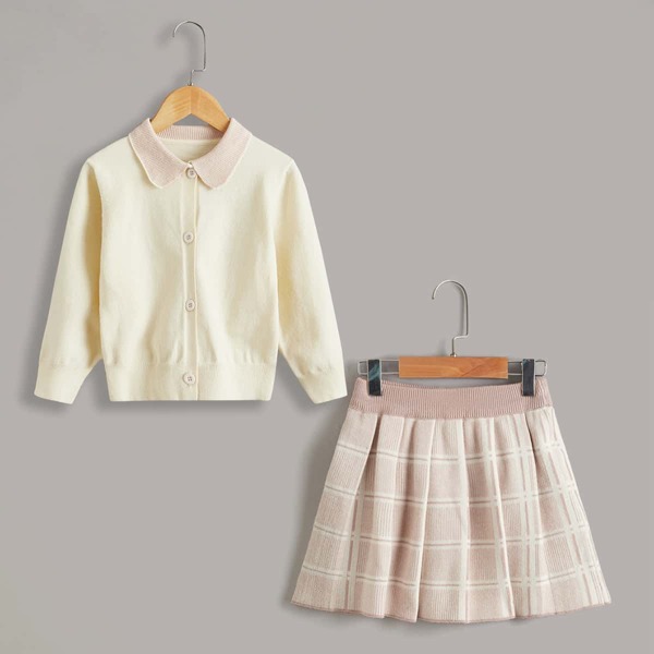 

Toddler Girls Contrast Collar Cardigan & Plaid Pattern Fold Pleated Skirt, Multicolor