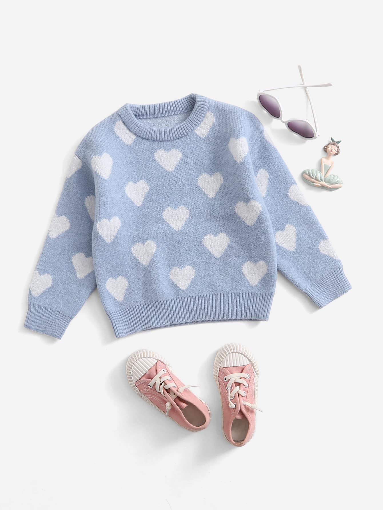 SHEIN Toddler Girls Heart Pattern Jumper - Baby Blue - View 1