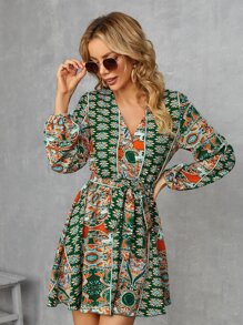 SHEIN Floral Print Lantern Sleeve Belted Dress - Multicolor - View 1