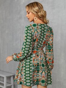SHEIN Floral Print Lantern Sleeve Belted Dress - Multicolor - View 2