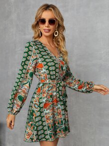 SHEIN Floral Print Lantern Sleeve Belted Dress - Multicolor - View 5