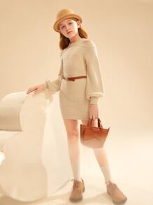 SHEIN 女孩挖肩燈籠袖不附腰帶毛衣洋裝