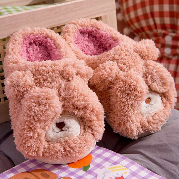 

Kids Cartoon Bear Design Fluffy Slippers, Pink