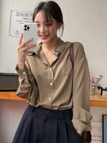 DAZY Drop Shoulder Button Through Shirt Long Sleeve Women - Khaki - View 1