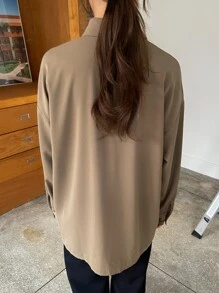 DAZY Drop Shoulder Button Through Shirt Long Sleeve Women - Khaki - View 2