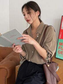 DAZY Drop Shoulder Button Through Shirt Long Sleeve Women - Khaki - View 3