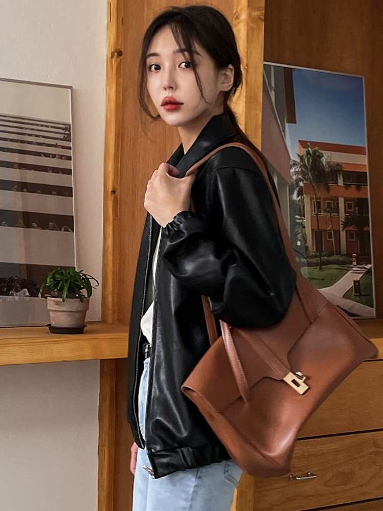 DAZY 斜めポケット PUレザージャケット、秋の女性服、アウター | SHEIN