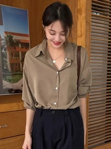 DAZY Drop Shoulder Button Through Shirt Long Sleeve Women - Khaki - View 4