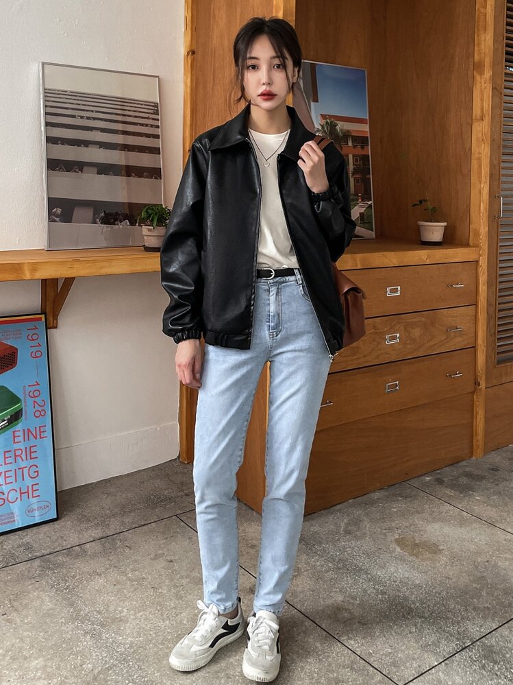 DAZY 斜めポケット PUレザージャケット、秋の女性服、アウター | SHEIN