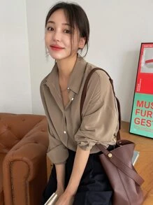 DAZY Drop Shoulder Button Through Shirt Long Sleeve Women - Khaki - View 5