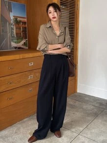 DAZY Drop Shoulder Button Through Shirt Long Sleeve Women - Khaki - View 6