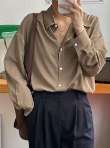 DAZY Drop Shoulder Button Through Shirt Long Sleeve Women - Khaki - View 7