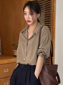 DAZY Drop Shoulder Button Through Shirt Long Sleeve Women - Khaki - View 8