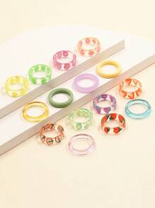 15 件/套透明树脂软粘土心形水果眼爱心图案戒指套装适合女性日常佩戴情人节、妈妈、母亲、母亲节、礼物 - 彩色 - 查看 1