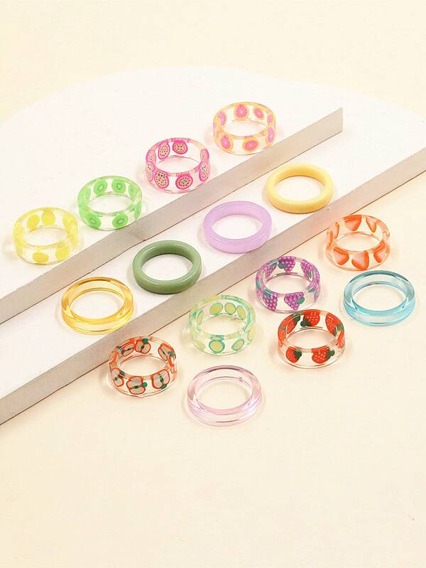 15 قطعة/طقم من الخواتم المصنوعة من الراتنج الشفاف والطين اللين على شكل قلوب وفواكه وعيون، مناسبة للنساء للارتداء اليومي، هدايا للفالنتاين وللأم وعيد الأم