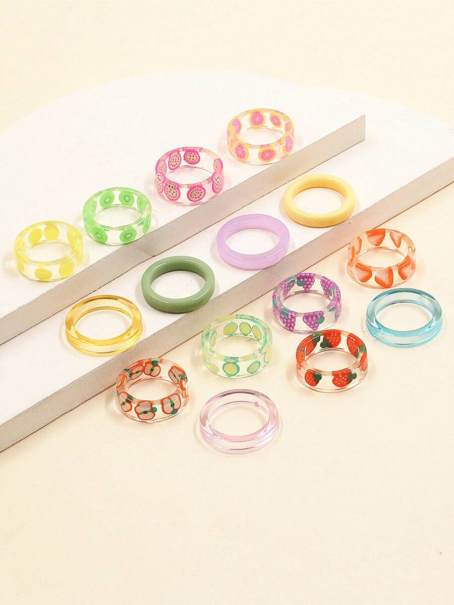 15 件/套透明树脂软粘土心形水果眼爱心图案戒指套装适合女性日常佩戴情人节、妈妈、母亲、母亲节、礼物 - 彩色 - 查看 1