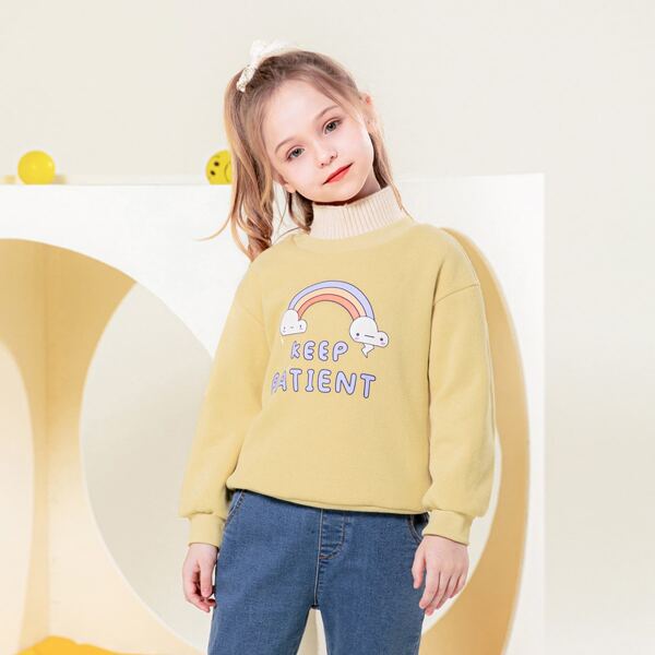 

Girls Cartoon And Letter Graphic Mock Neck Thermal Lined Pullover, Yellow