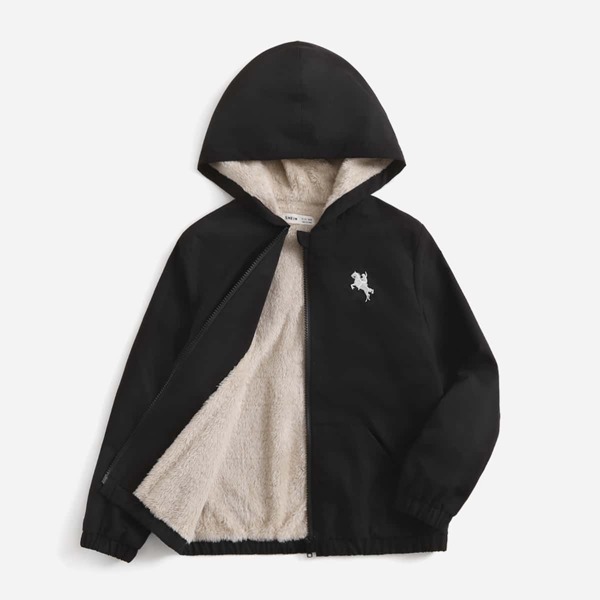 

Boys Zip Up Figure & Horse Embroidery Teddy Lined Hooded Jacket, Black
