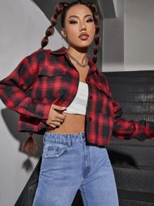 SHEIN PETITE Cazadora corta de cuadros con bolsillo con solapa - Multicolor - Ver 1