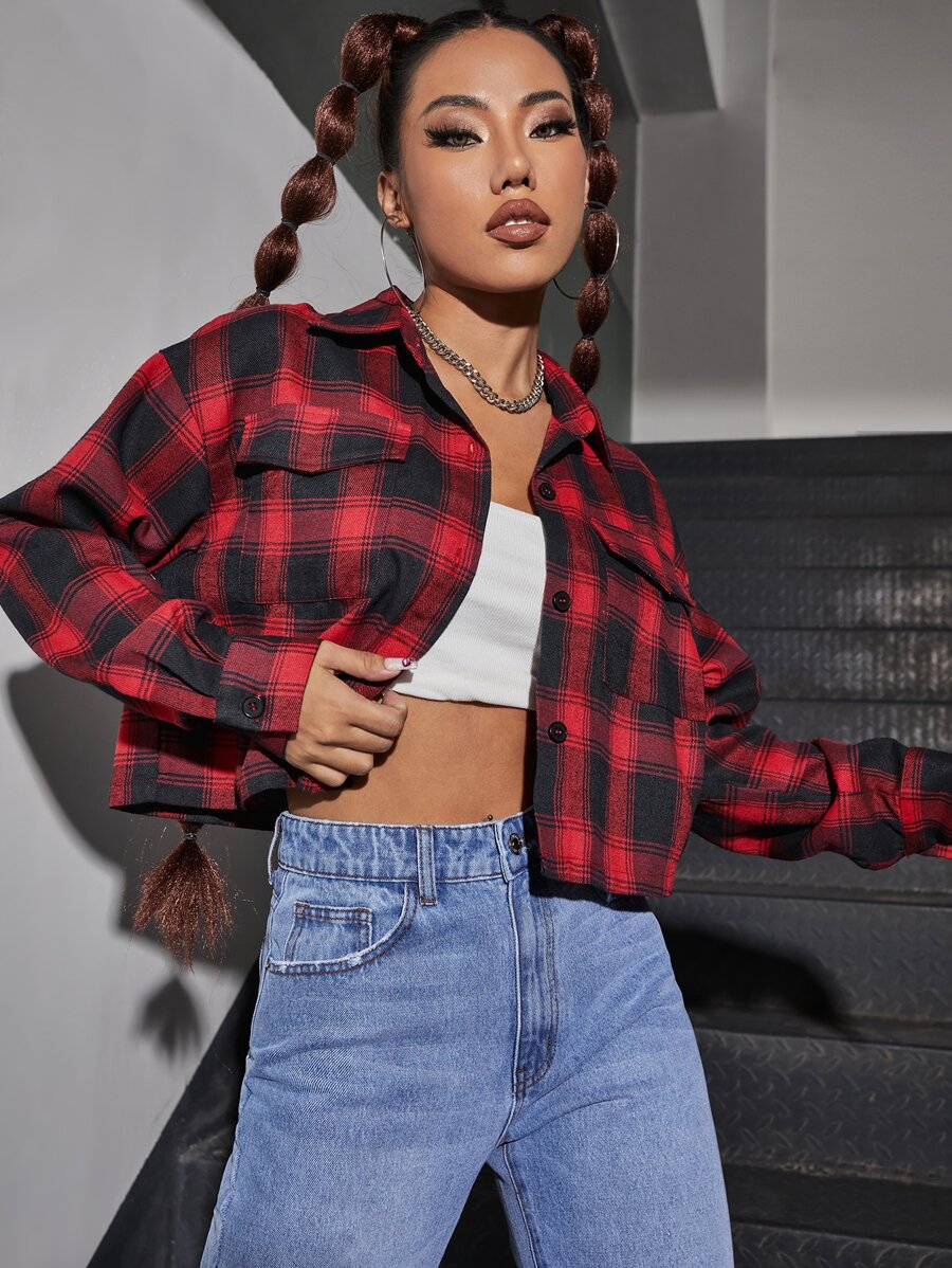 SHEIN PETITE Cazadora corta de cuadros con bolsillo con solapa - Multicolor - Ver 1