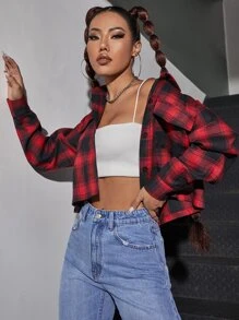 SHEIN PETITE Cazadora corta de cuadros con bolsillo con solapa - Multicolor - Ver 4