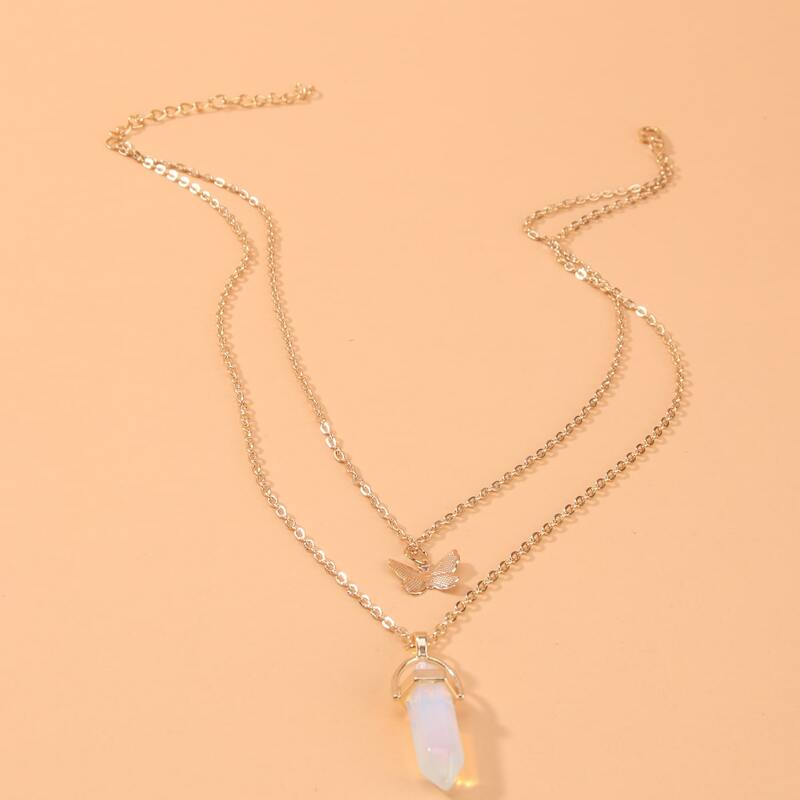 

Butterfly Pendant Layered Chain Necklace, Gold