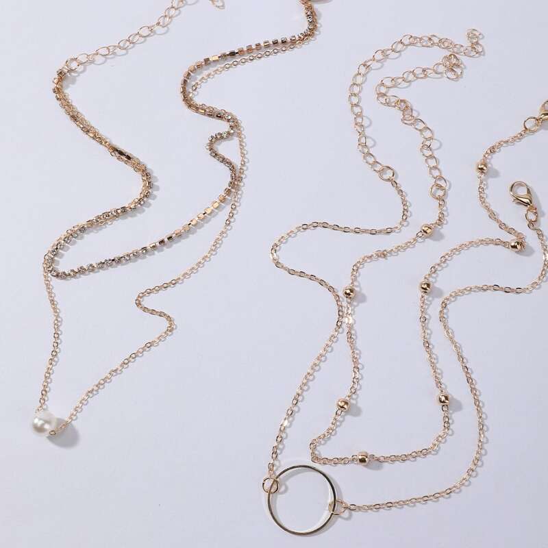 

2pcs Faux Pearl & Ring Decor Layered Necklace, Gold