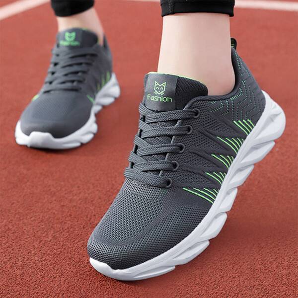 

Striped Pattern Lace-up Front Knit Sneakers, Dark grey