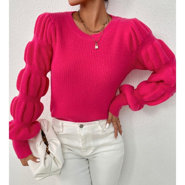 

Ribbed Knit Gathered Sleeve Sweater, Hot pink